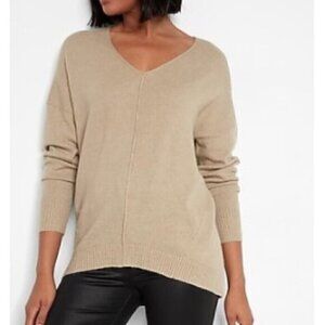 EXPRESS Solid Taupe Tan ? Deep V-Neck Long Sleeve Dolman Sleeve Slouchy Sweater